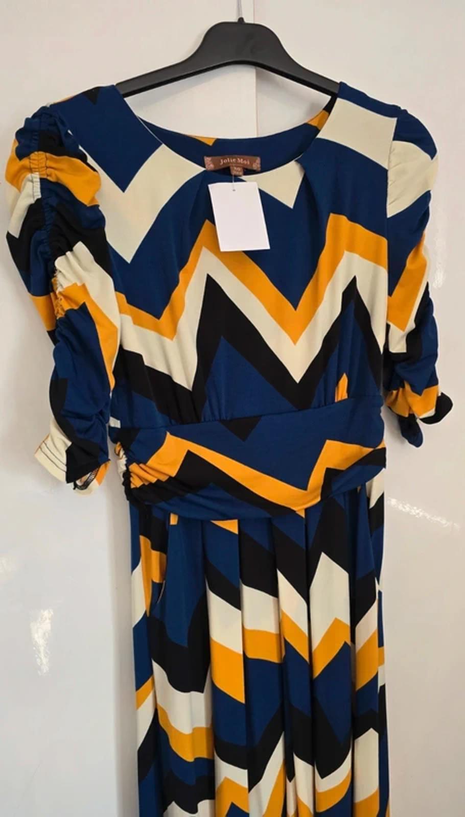 Jolie Moi blue black cream & orange patterned midi long dress 3/4 sleeves 10 NWT