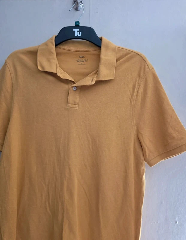 Marks & Spencer Men's Mustard Yellow Short Sleeve Cotton Polo Shirt Size Large