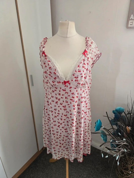 Romwe White & Red Cherry Print Lace V-Neck Dress Size 2XL Size 20