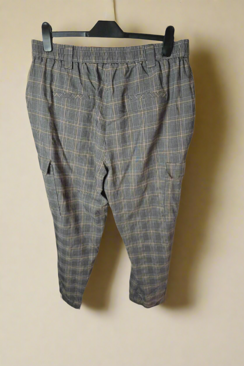 Primark grey checked cuffed elasticated cargo trousers size 18