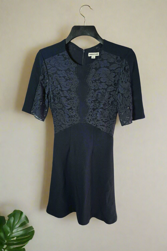 Whistles Navy Lace Short Sleeved Midi Flared Dress Smart Formal Party 10