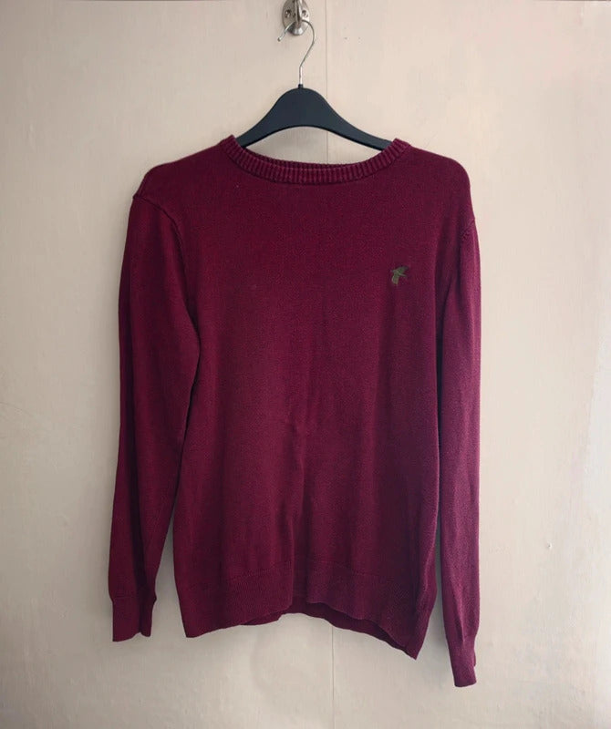 Racing Green Men's Burgundy Red Long-Sleeved Cotton Jumper Size Small