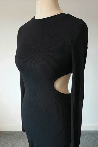 AFRM Black Ribbed Bodycon Midi Dress Long Sleeve Cut Out Size S UK 8–10