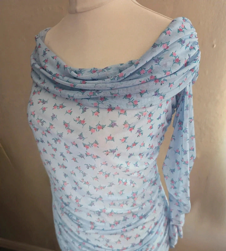 Boohoo Light Blue Floral Off The Shoulder Midi Dress Size 12