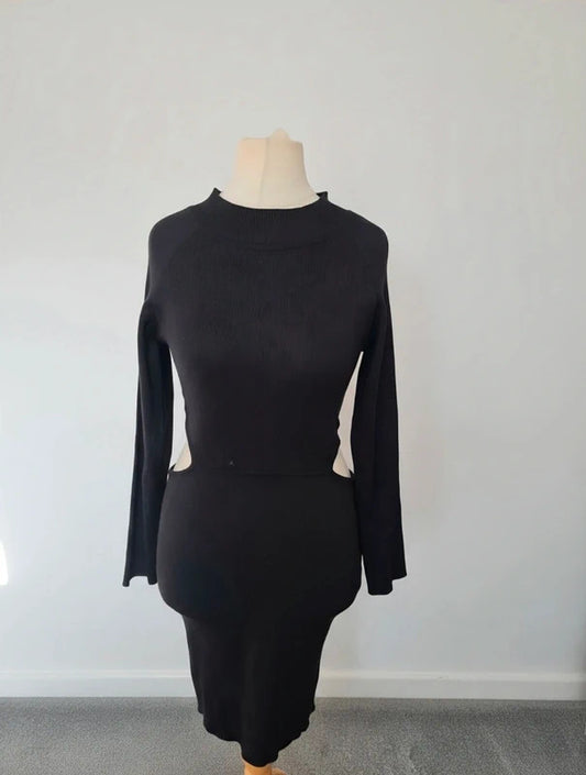 QED London Black Ribbed Bodycon Dress M/L Size 14 Long Sleeve Waist Cut Out