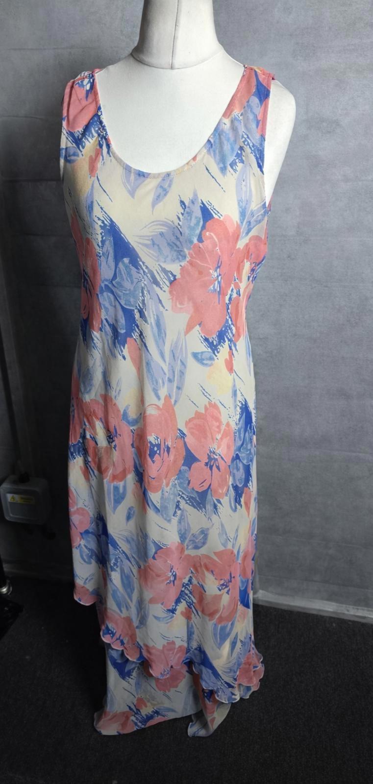 Aldini cream pink & blue sleeveless floral midi dress L size 10/12