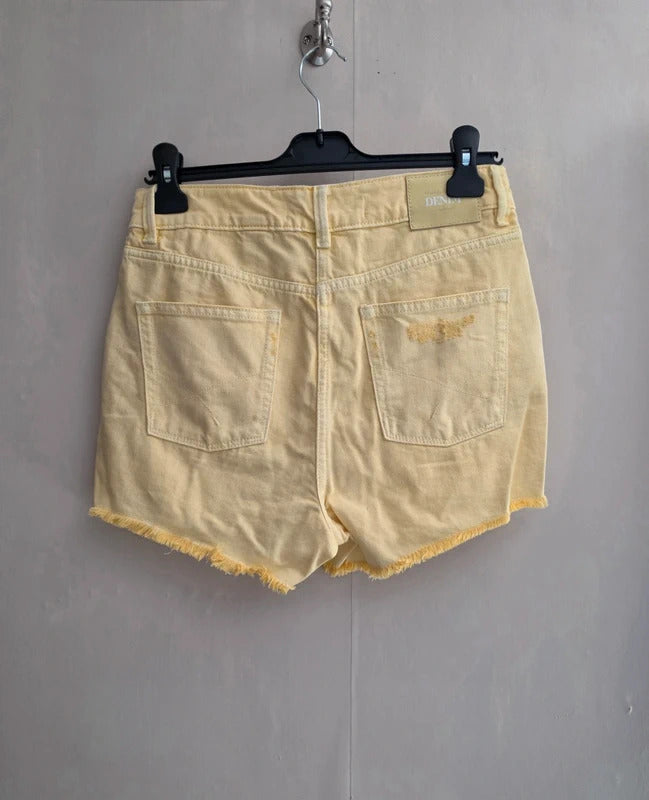 Next Bright Yellow High Waisted Frayed Distressed Denim Mini Shorts Size 8
