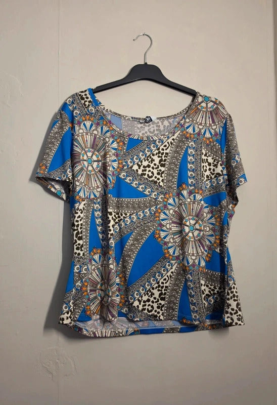 Nightingales Blue Multicoloured Abstract Print Short Sleeve Top Size 20
