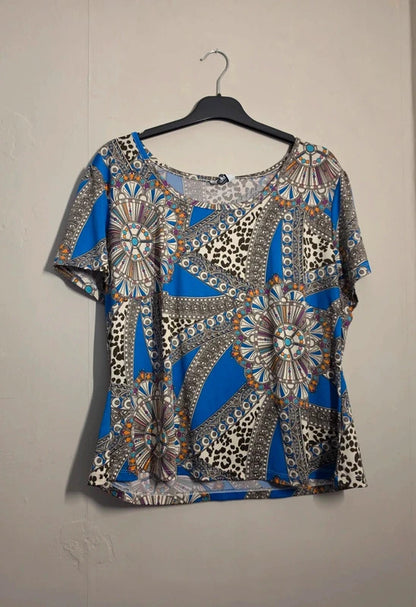 Nightingales Blue Multicoloured Abstract Print Short Sleeve Top Size 20