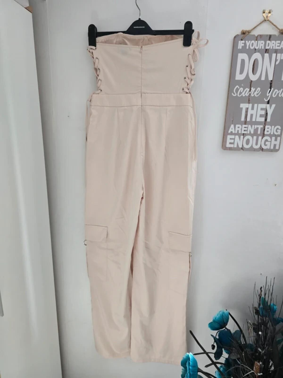 PrettyLittleThing Cream Bandeau Corset Cargo Jumpsuit Size 12
