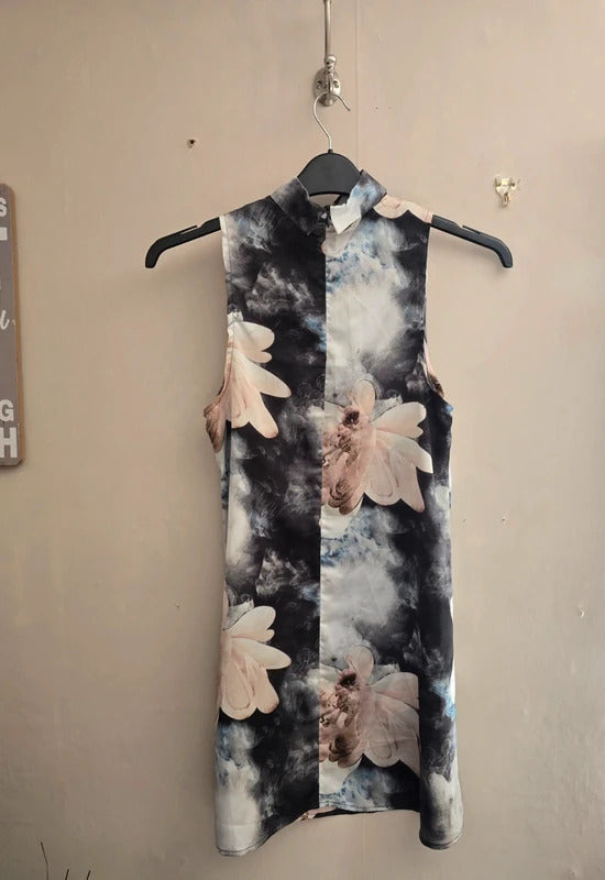 Parisian Collection Metallic Black Grey & Pink Choker Neck Mini Dress Size 8