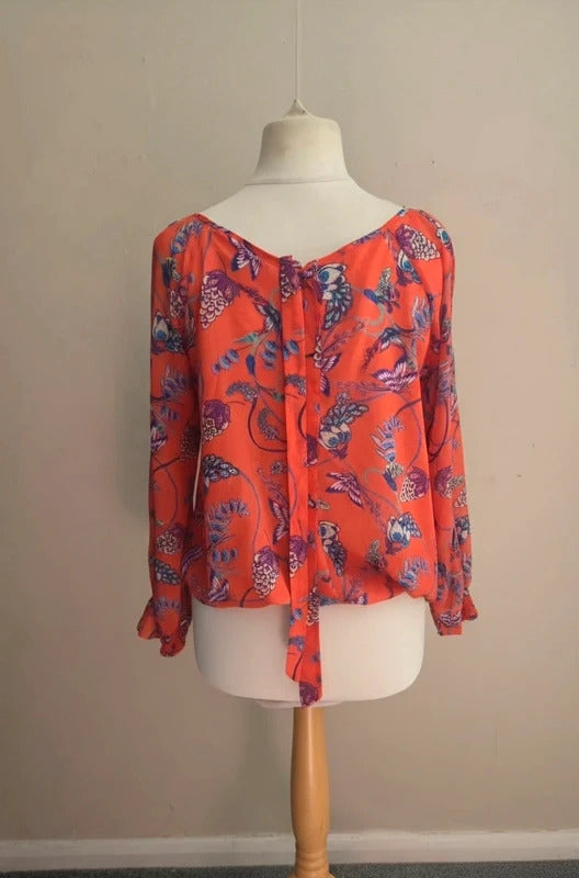 Wallis Petite Orange & Multicolour Butterfly Floral Sheer Blouse Med Size 12–14