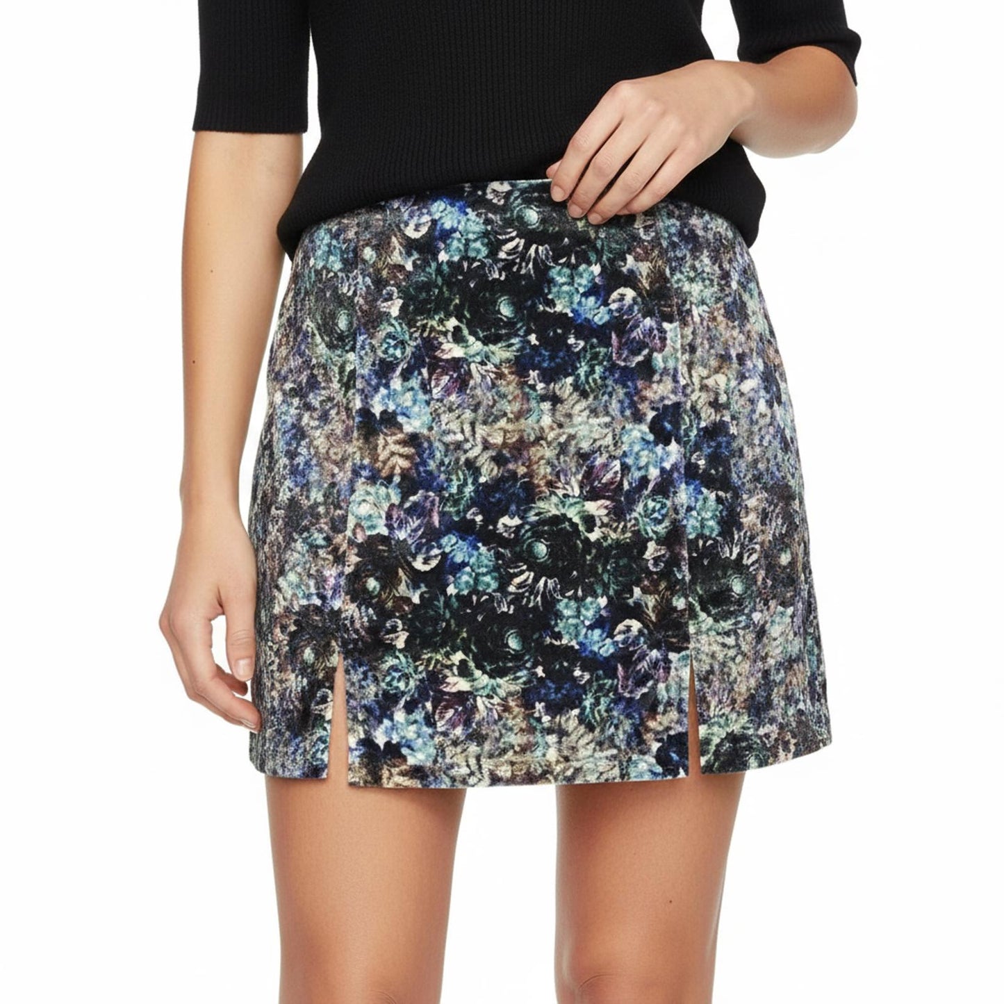 Blue Floral Velvet Mini Skirt L Size 16 Evening Urban Outfitters
