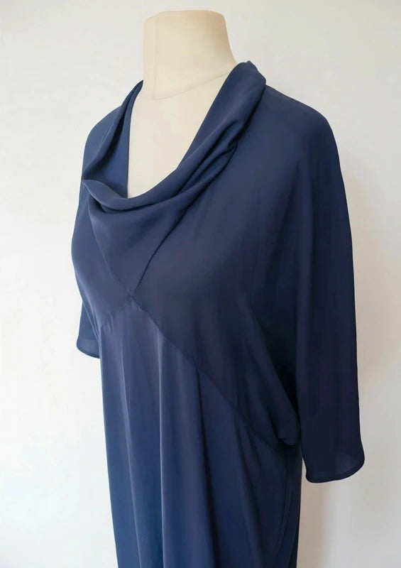 Next Navy Blue Maxi Dress Size 20 Cowl Neck Flared Sleeve Sheer Panel Dress NWT