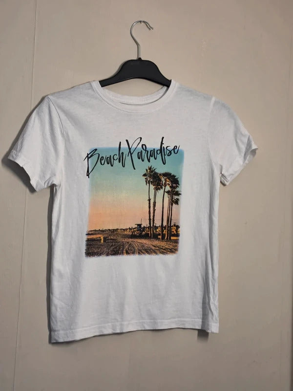 Primark Boys White Beach Paradise Graphic T-Shirt Age 8-9 Years
