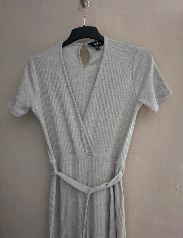 Long Tall Sally Light Grey Ribbed Flared Full-Length Jumpsuit Size 14 New