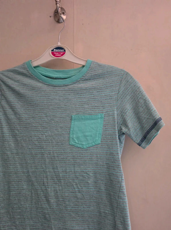 Nutmeg Boys Green & Grey Striped Short Sleeved Cotton T-Shirt Age 7-8 Yrs