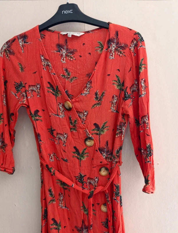 F&F Orange Tiger Print 3/4 Sleeve Button Front Belted Mini Dress Size 6