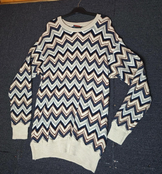 Robert Banks Jumper Beige,Brown & Navy Long Length Chevron Vintage 80s 90s
