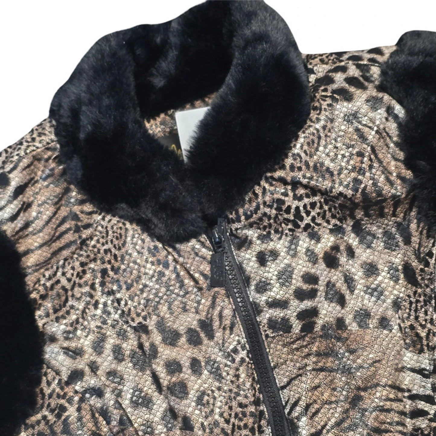 Bob Mackie Leopard Print Faux Fur Gilet Black Brown Size XS Zip Up Lined New