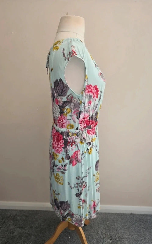 Joules Turquoise Floral Sleeveless Knee Length Drawstring Dress Size 14