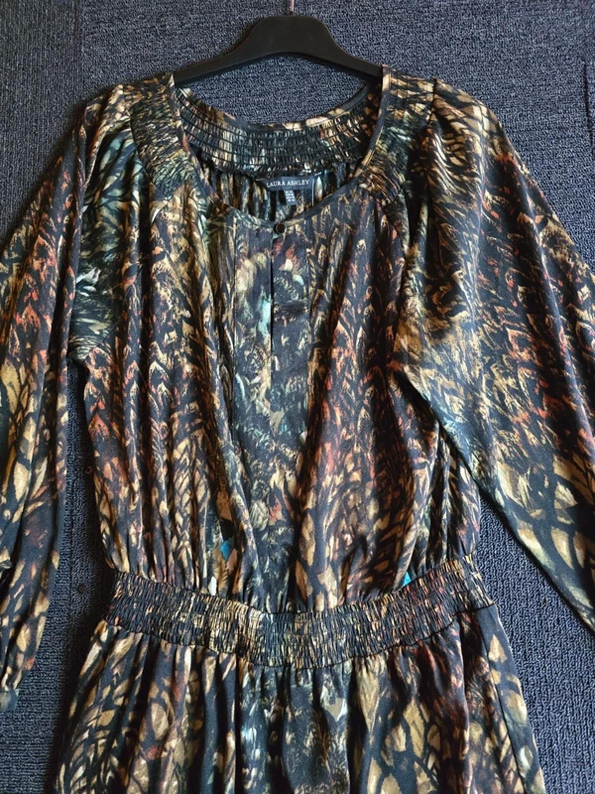 Laura Ashley Black Brown Blue Patterned Dress UK Size 14 Elasticated Waist