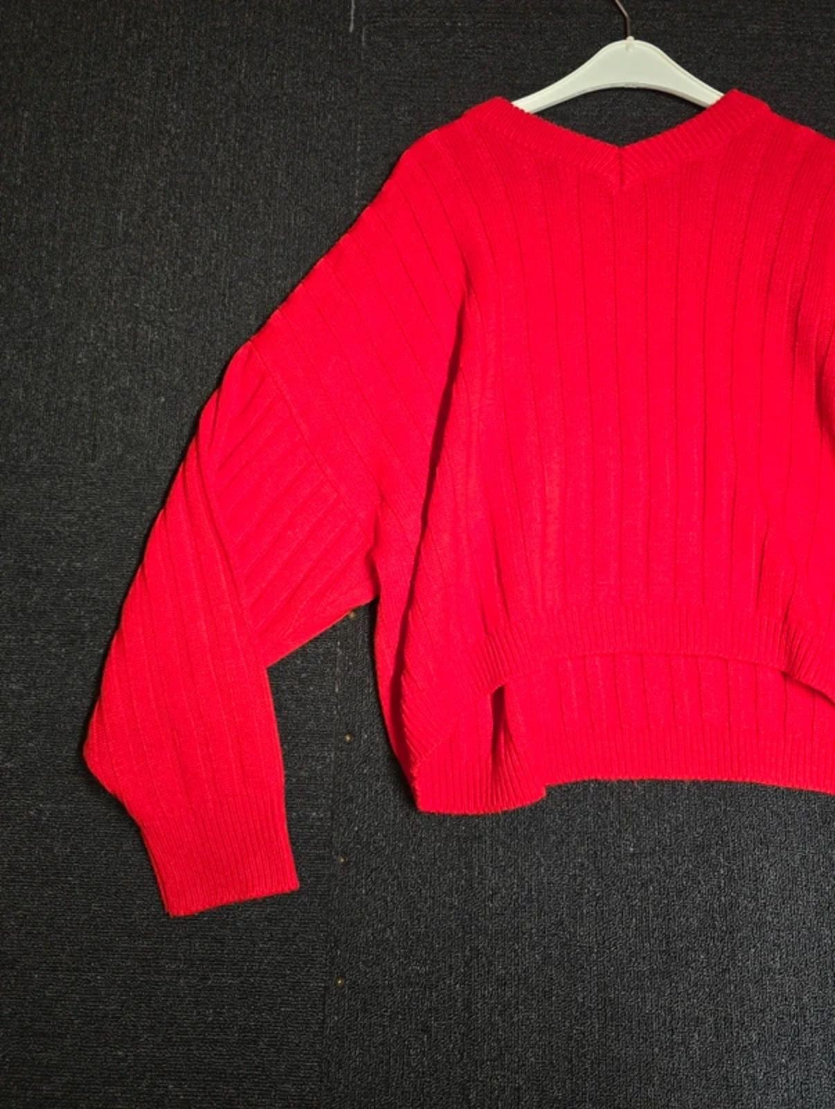Topshop Red Ribbed Knit Jumper Size 16 Oversized V-Neck Slouchy Fit