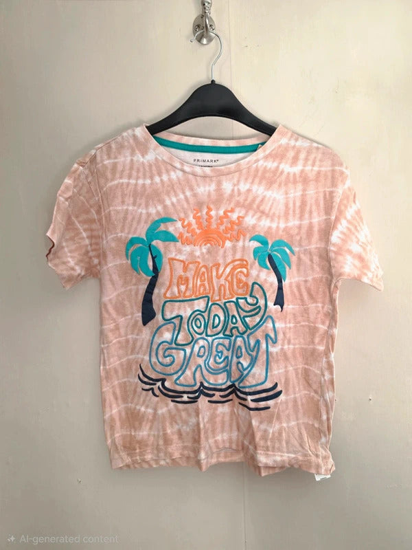Primark Boys Coral Orange & White Tie Dye "Make Today Great" T-Shirt Age 7-8 Years