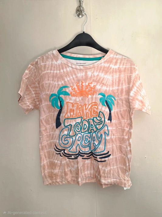 Primark Boys Coral Orange & White Tie Dye "Make Today Great" T-Shirt Age 7-8 Years