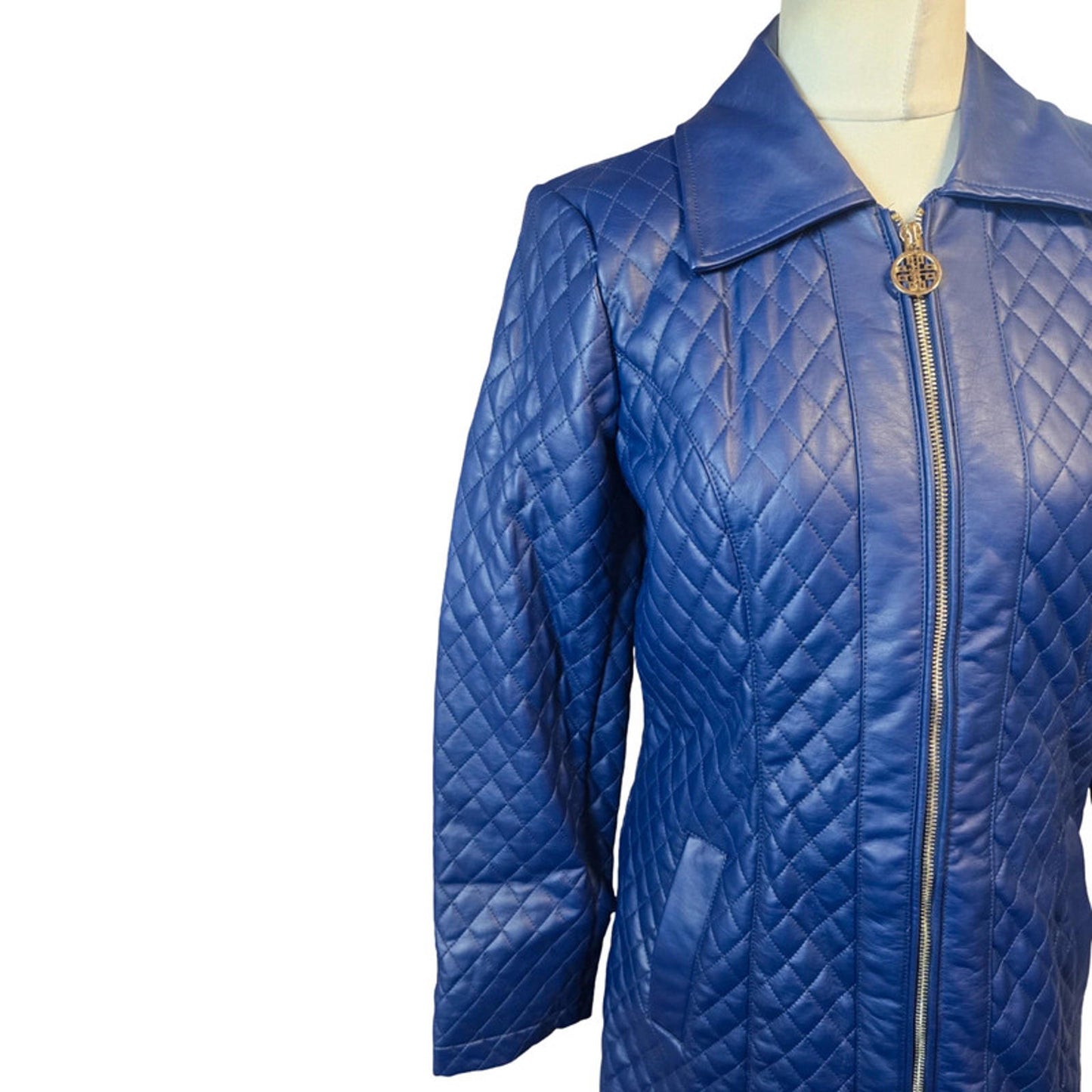 Dennis Basso Quilted Faux Leather Jacket Blue Size 8/10 Mid Length Zip Up