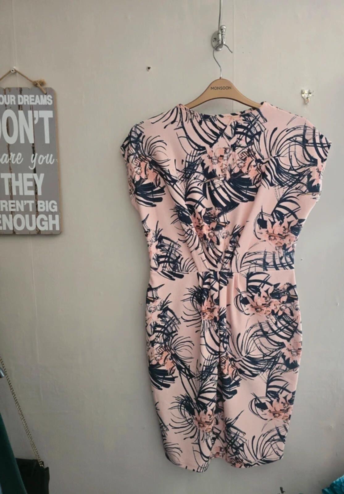 Next Light Pink & Black Floral Bodycon Dress – Size 12 – Knee Length