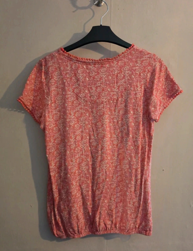 Next Pink & Cream Floral Cotton Relaxed Top with Crochet Trim Size 8