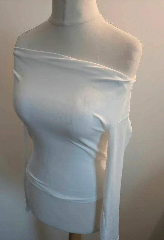 SHEIN White Off The Shoulder Long Sleeve Bodycon Top M Size 10-12