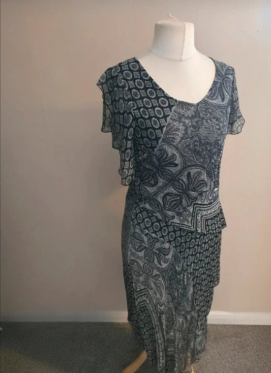 90s Vintage Roman Black & Green Layered Midi Dress Gem Detail Size 12