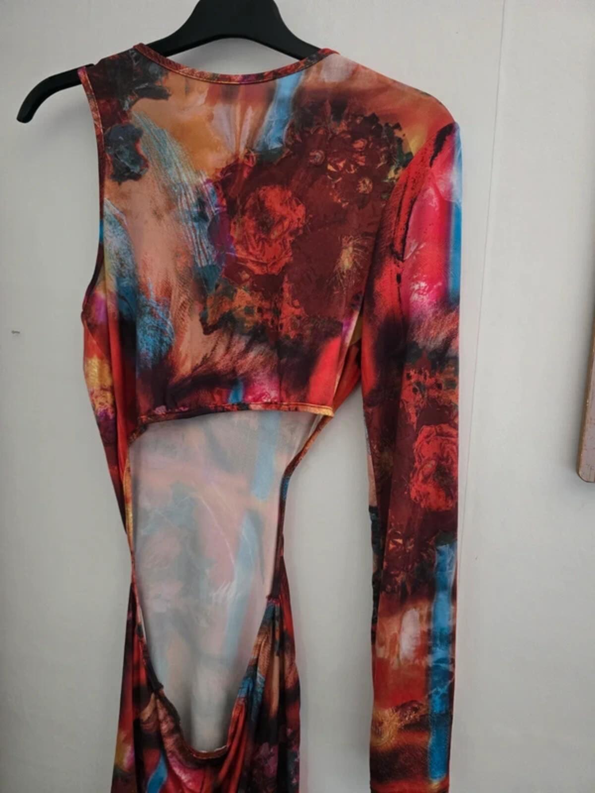 Ego Multicoloured Patterned Asymmetrical Cut-Out Bodycon Mini Dress Size 12 NWT