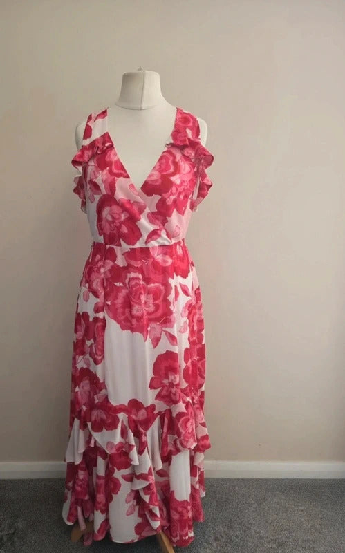 Boohoo W Collection Pink Floral Belted V-Neck Flared Maxi Dress Size 10