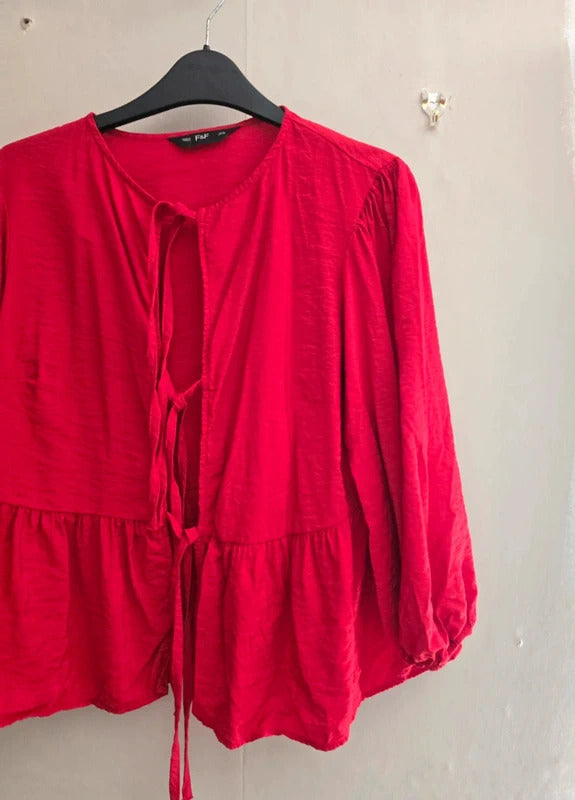 F&F Red Tie-Front Long Sleeved Oversized Blouse Top Size 12