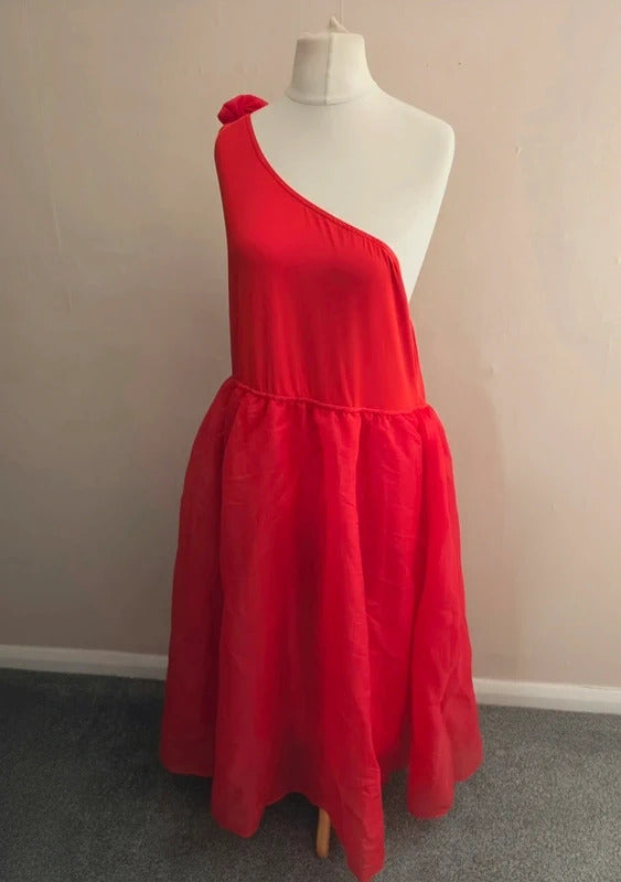 Shein Red Puffed One Shoulder Bow Netted Midi Maxi Dress 4XL Size 24-26