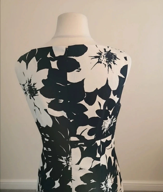 Laura Ashley Monochrome Cotton-Linen Floral Midi Dress Size 14
