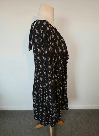 ASOS Black Pink Floral V-Neck Long Sleeve Midi Dress Size 22