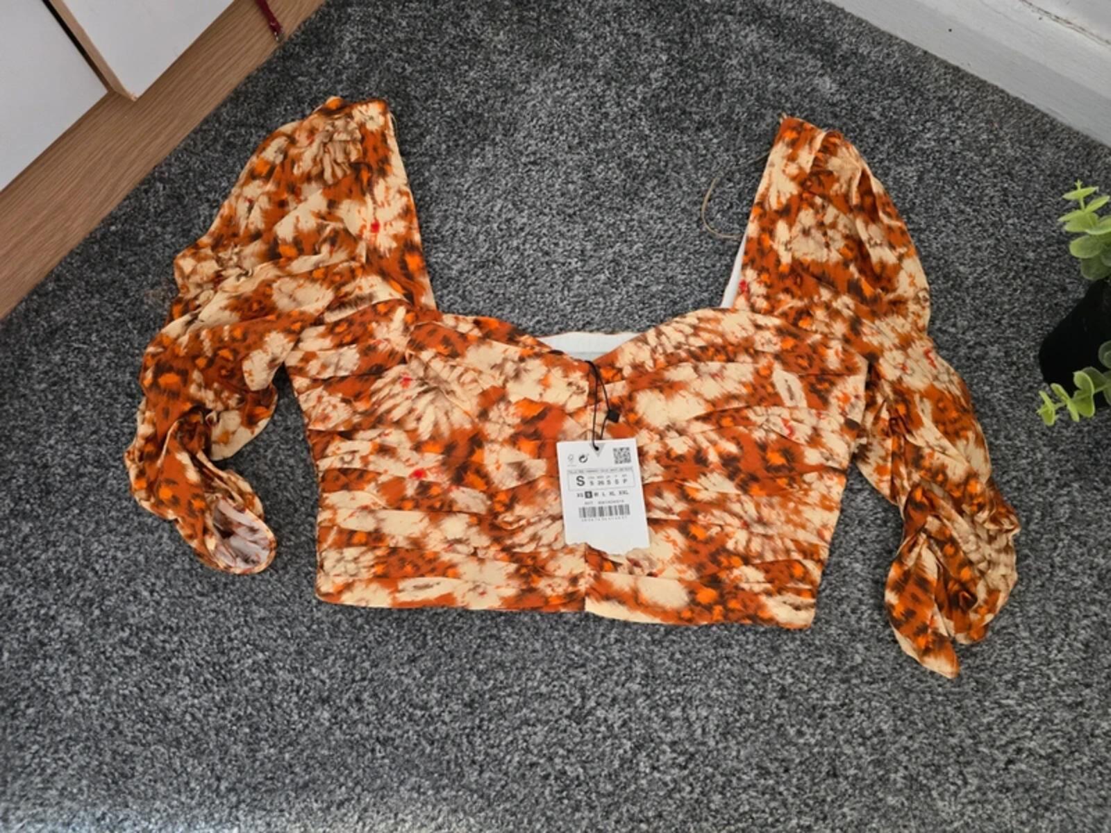 Zara Orange Patterned Ruched Crop Top Size S Fits Size 8-10