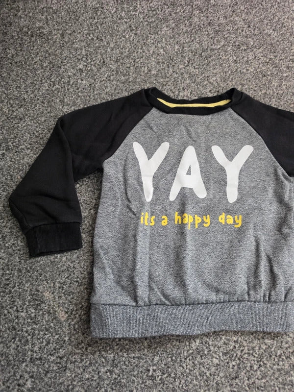 Primark Toddler Grey & Black "YAY It's A Happy Day" Slogan Jumper 18-24 Months
