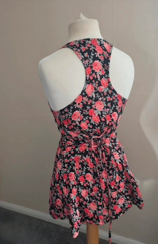 Topshop Black & Pink Floral Mini Dress / Tunic Top Tie Back Size 10 Better Fit Size 8