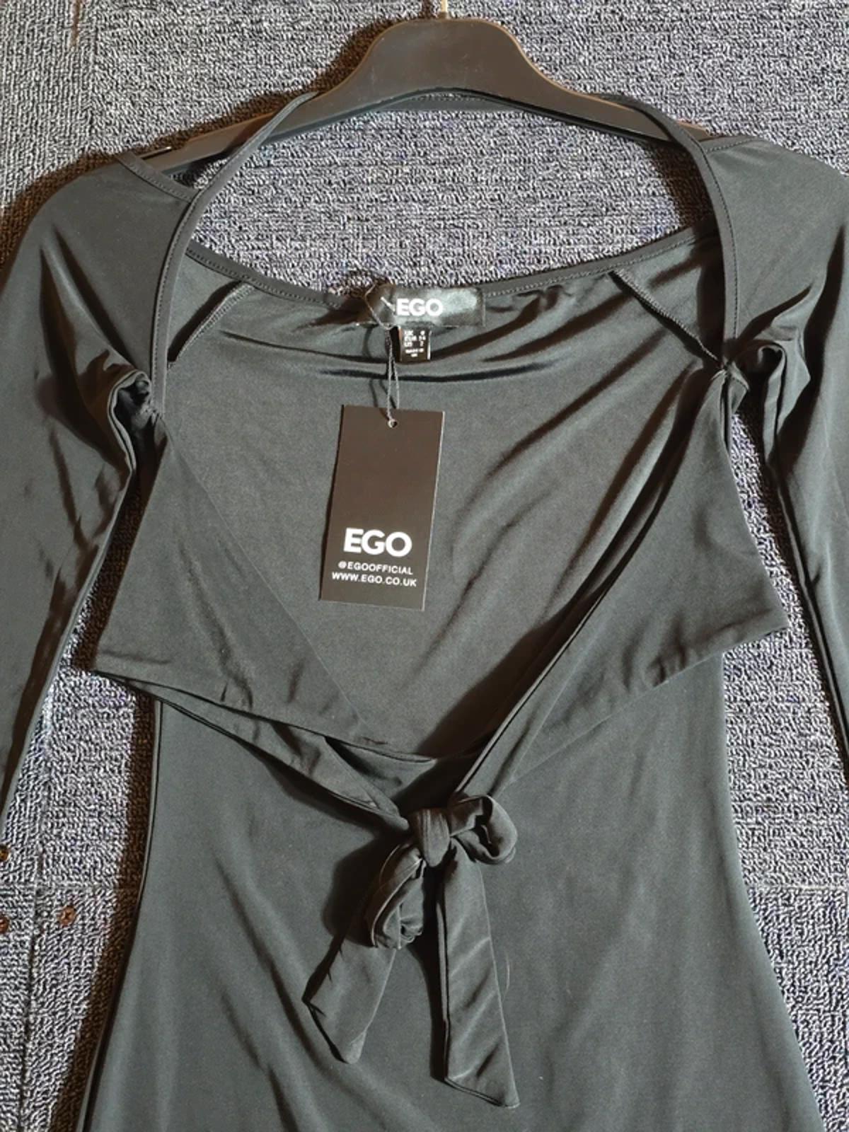 EGO Black Cut Out Bodycon Mini Dress Tie Front Long Sleeve UK Size 6