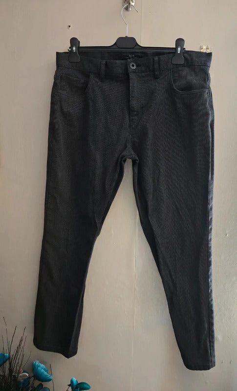 Next Signature Men's Black Cotton Blend Straight Leg Trousers Size 36S