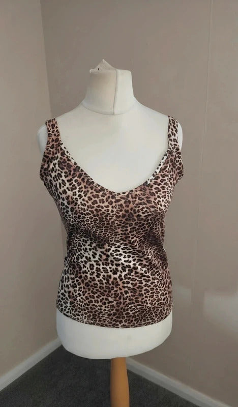 Select Animal Print Brown & Beige Double V-Neck Camisole Vest Top Size 14