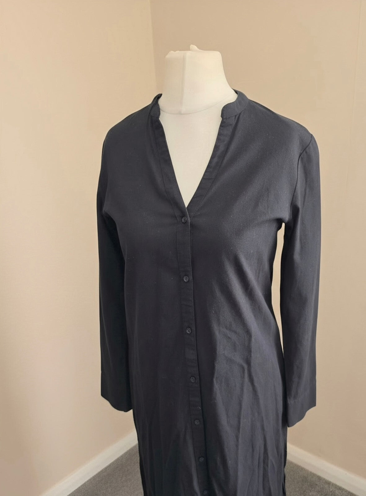 Primark Black Collarless Button Down Long Sleeve Midi Shirt Dress Size 6 NWT