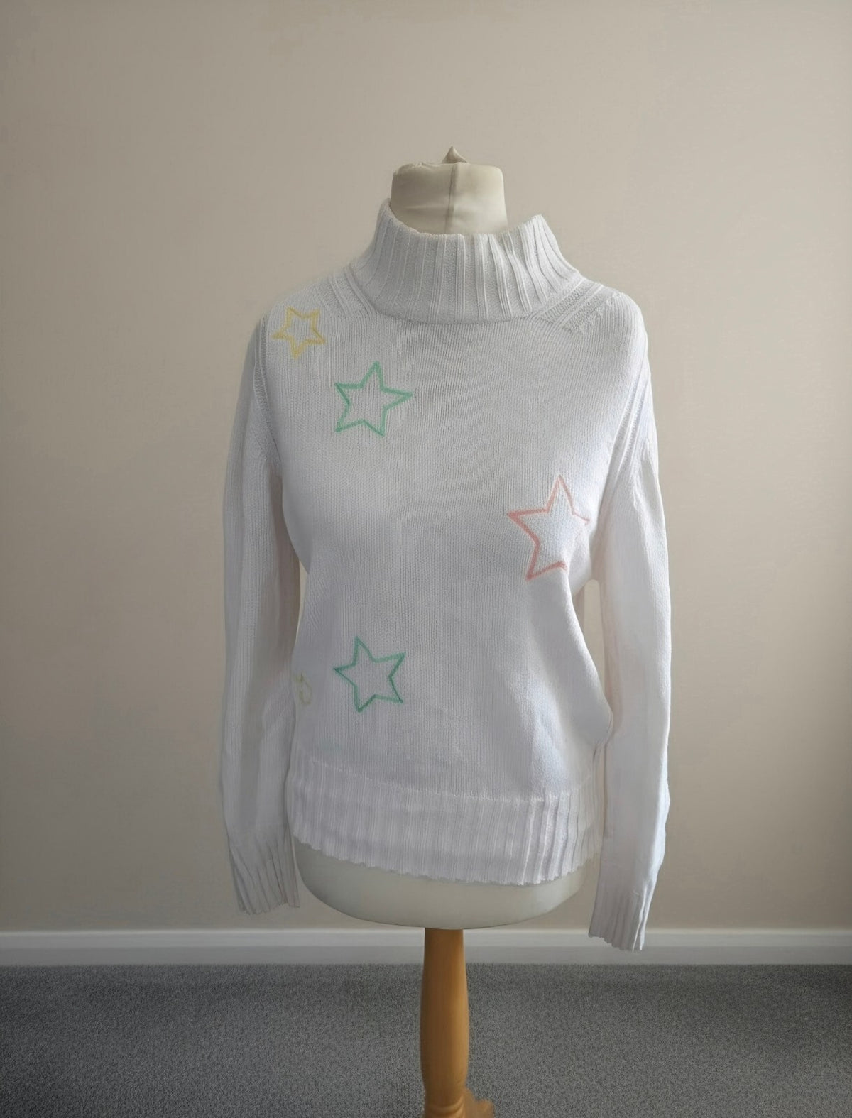 Next White Knitted High Neck Jumper Multi-Coloured Stars Small (Size 10)