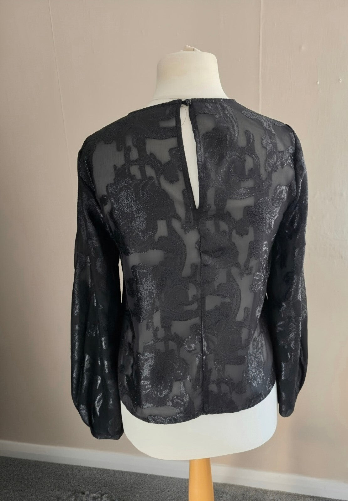 Primark Black Floral Sparkly Sheer Long Sleeved Blouse Size 8