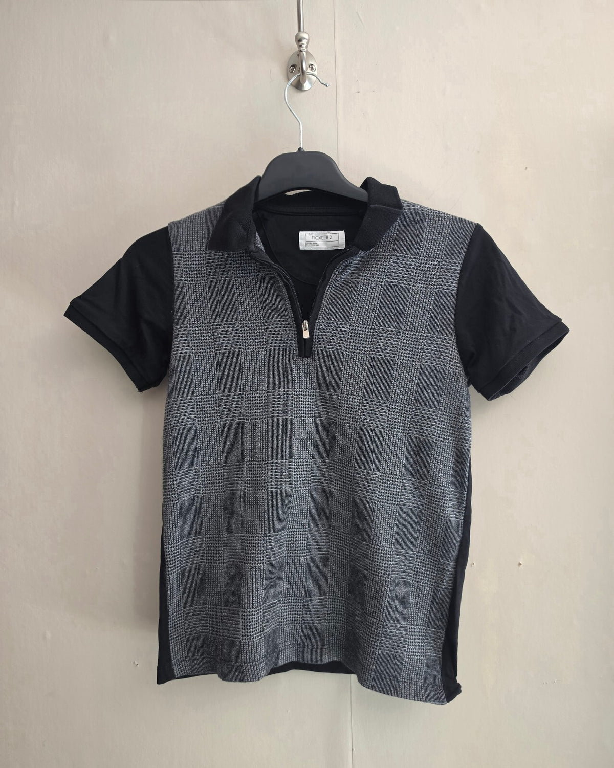 Next Boys Black & Grey Checked Quarter-Zip Polo Top Age 9 Years